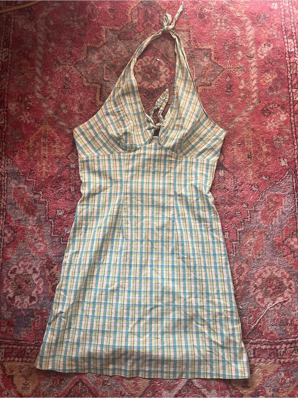 Blue Asphalt Plaid Halter Mini Dress in Cream, Blue, Yellow